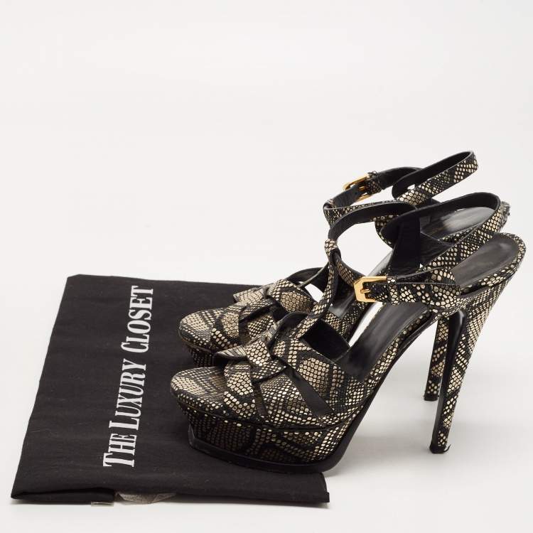 مملوكة مسبقًا Saint Laurent Black/Gold Textured Leather Tribute Sandals Size 36.5