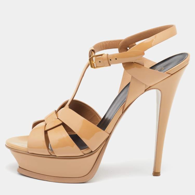 مملوكة مسبقًا Saint Laurent Brown Patent Leather Tribute Sandals Size 40
