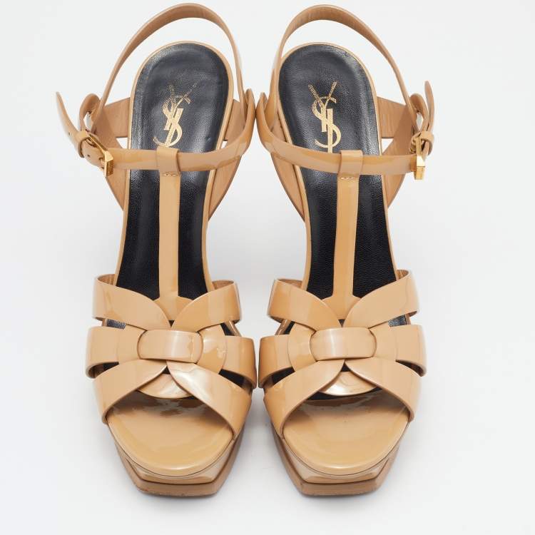مملوكة مسبقًا Saint Laurent Brown Patent Leather Tribute Sandals Size 40
