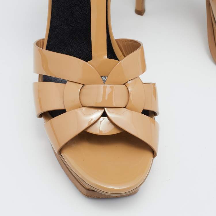 مملوكة مسبقًا Saint Laurent Brown Patent Leather Tribute Sandals Size 40