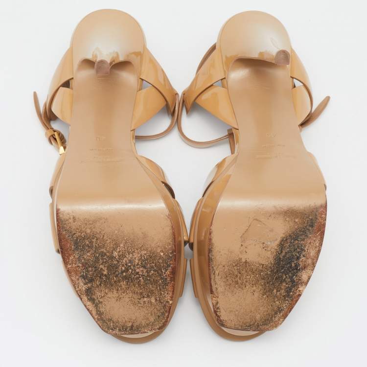 مملوكة مسبقًا Saint Laurent Brown Patent Leather Tribute Sandals Size 40