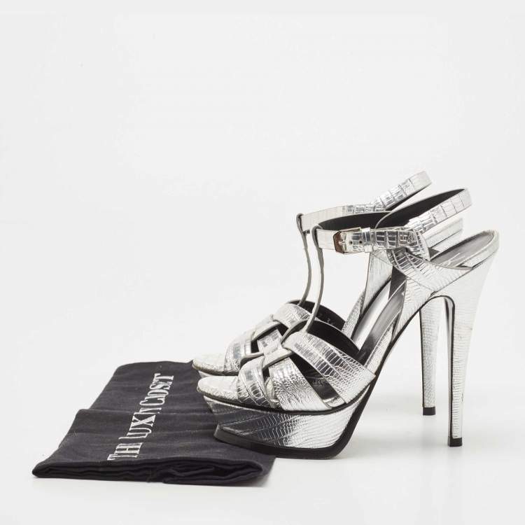 Pre Owned Saint Laurent Silver Lizard Embossed Leather Tribute Sandals Size 36