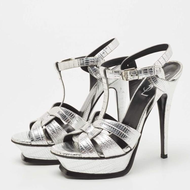 Pre Owned Saint Laurent Silver Lizard Embossed Leather Tribute Sandals Size 36