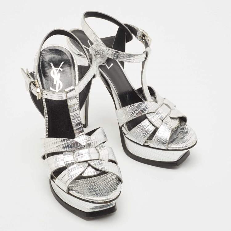 Pre Owned Saint Laurent Silver Lizard Embossed Leather Tribute Sandals Size 36