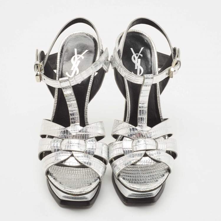 Pre Owned Saint Laurent Silver Lizard Embossed Leather Tribute Sandals Size 36