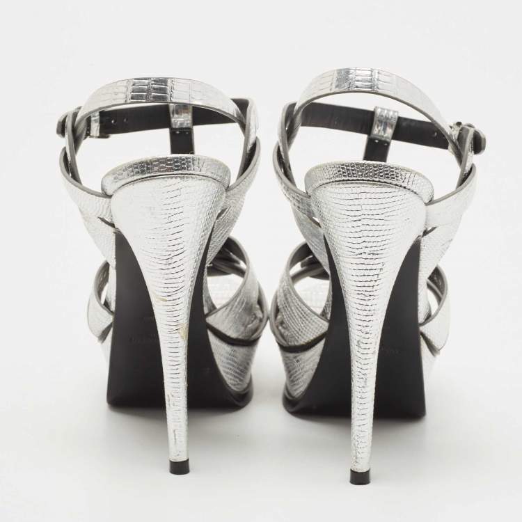 Pre Owned Saint Laurent Silver Lizard Embossed Leather Tribute Sandals Size 36
