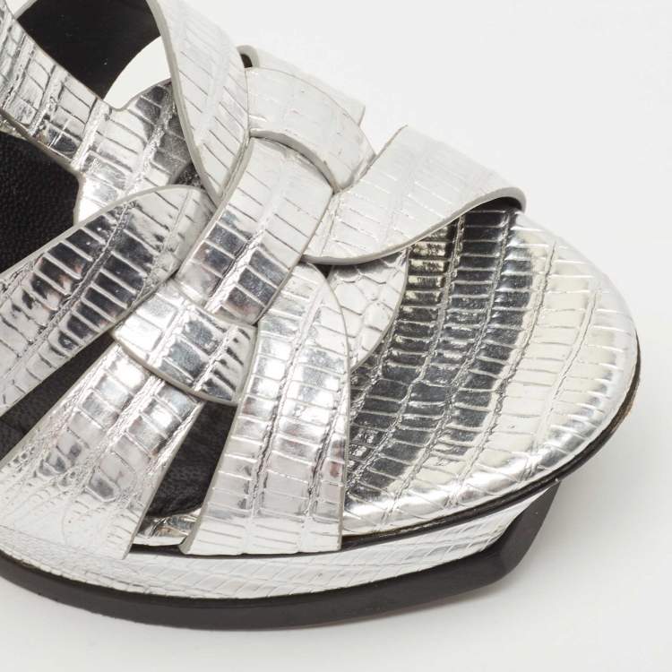Pre Owned Saint Laurent Silver Lizard Embossed Leather Tribute Sandals Size 36