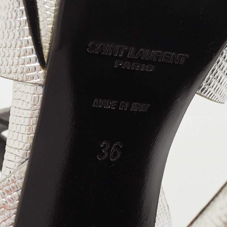 Pre Owned Saint Laurent Silver Lizard Embossed Leather Tribute Sandals Size 36