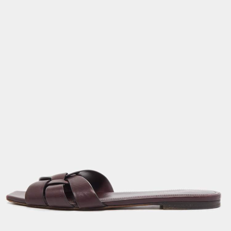 Pre Owned Saint Laurent Burgundy Leather Tribute Flat Slides Size 39.5