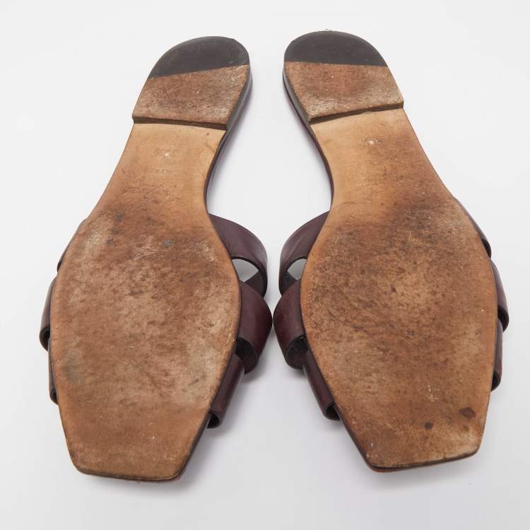 Pre Owned Saint Laurent Burgundy Leather Tribute Flat Slides Size 39.5