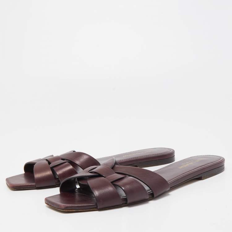 Pre Owned Saint Laurent Burgundy Leather Tribute Flat Slides Size 39.5
