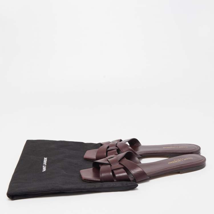 Pre Owned Saint Laurent Burgundy Leather Tribute Flat Slides Size 39.5