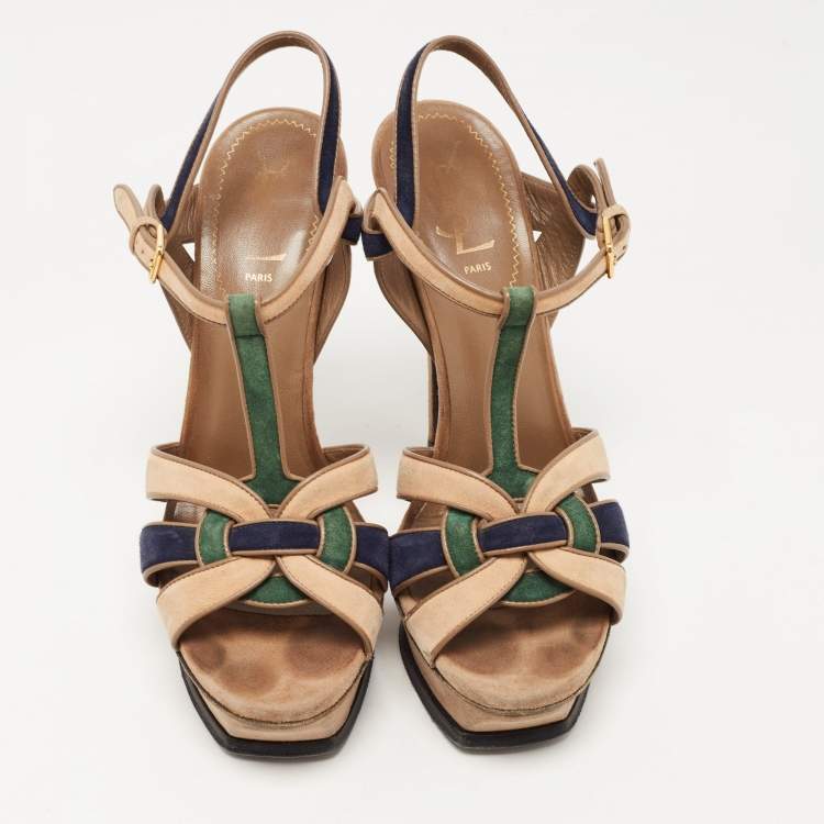 Pre Owned Saint Laurent Tricolor Suede Tribute Sandals Size 38.5