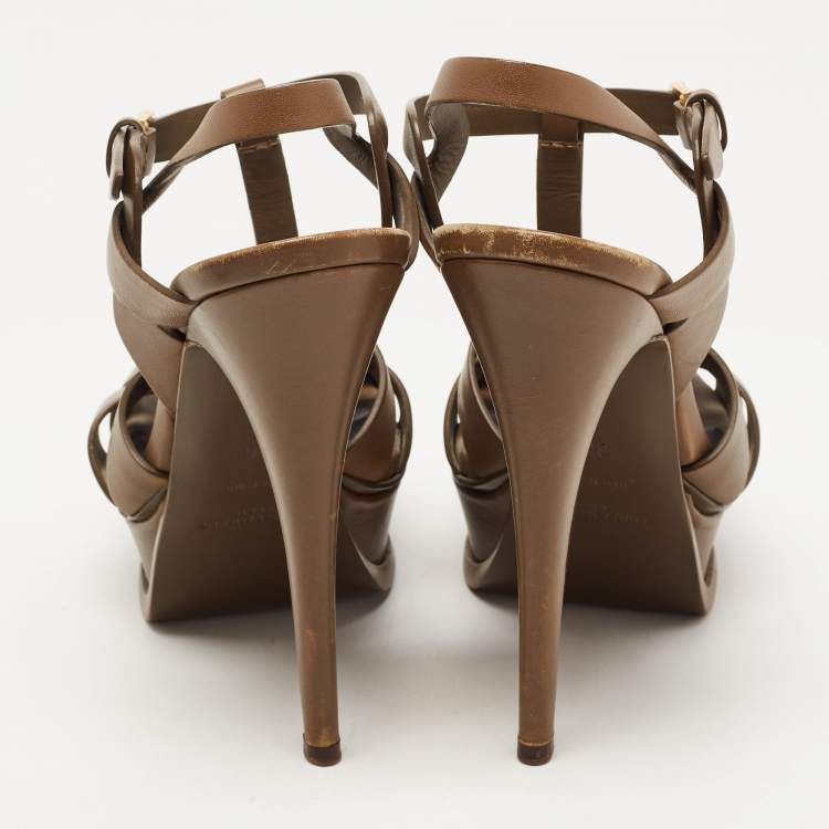 Pre Owned Saint Laurent Olive Green Leather Tribute Sandals Size 36