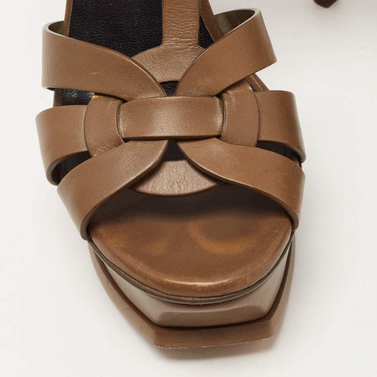 Pre Owned Saint Laurent Olive Green Leather Tribute Sandals Size 36