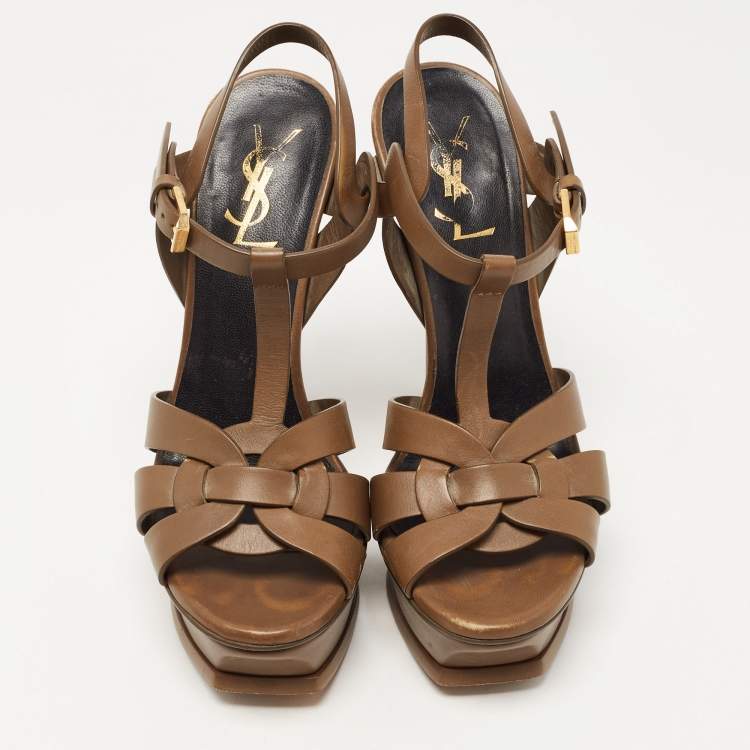 Pre Owned Saint Laurent Olive Green Leather Tribute Sandals Size 36