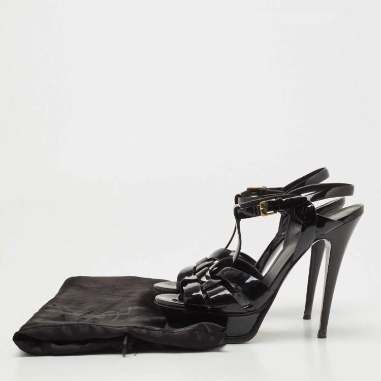 Pre Owned Saint Laurent Black Patent Leather Tribute Ankle Strap Sandals Size 39.5