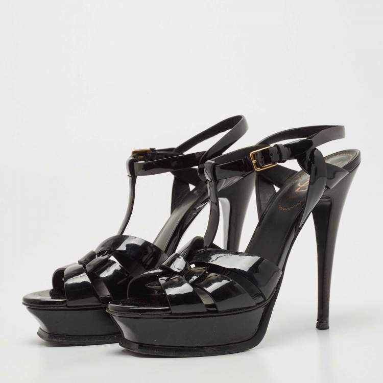 Pre Owned Saint Laurent Black Patent Leather Tribute Ankle Strap Sandals Size 39.5