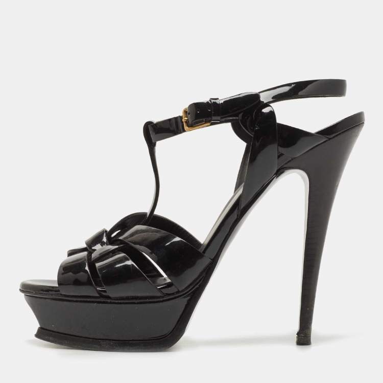 Pre Owned Saint Laurent Black Patent Leather Tribute Ankle Strap Sandals Size 39.5