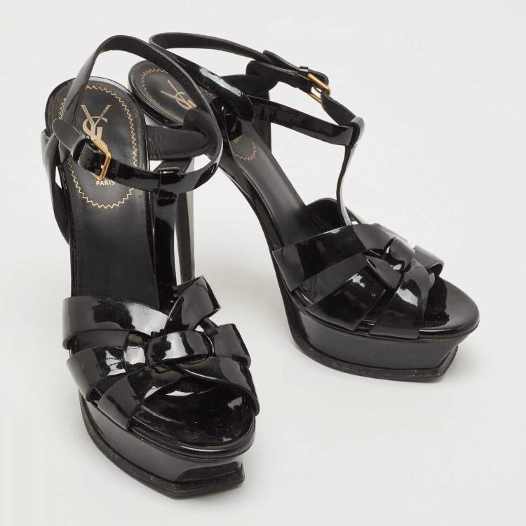 Pre Owned Saint Laurent Black Patent Leather Tribute Ankle Strap Sandals Size 39.5