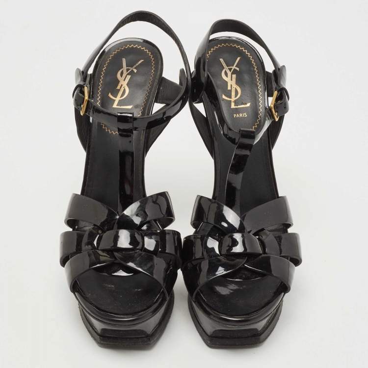 Pre Owned Saint Laurent Black Patent Leather Tribute Ankle Strap Sandals Size 39.5