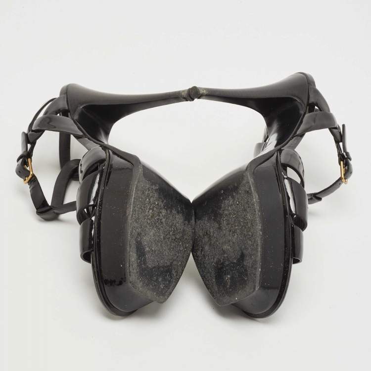 Pre Owned Saint Laurent Black Patent Leather Tribute Ankle Strap Sandals Size 39.5