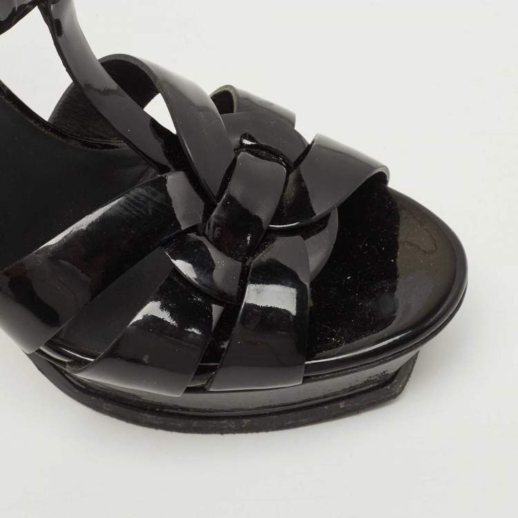 Pre Owned Saint Laurent Black Patent Leather Tribute Ankle Strap Sandals Size 39.5
