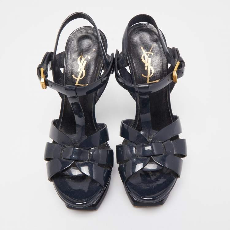 Pre Owned Saint Laurent Navy Blue Patent Leather Tribute Sandals Size 35
