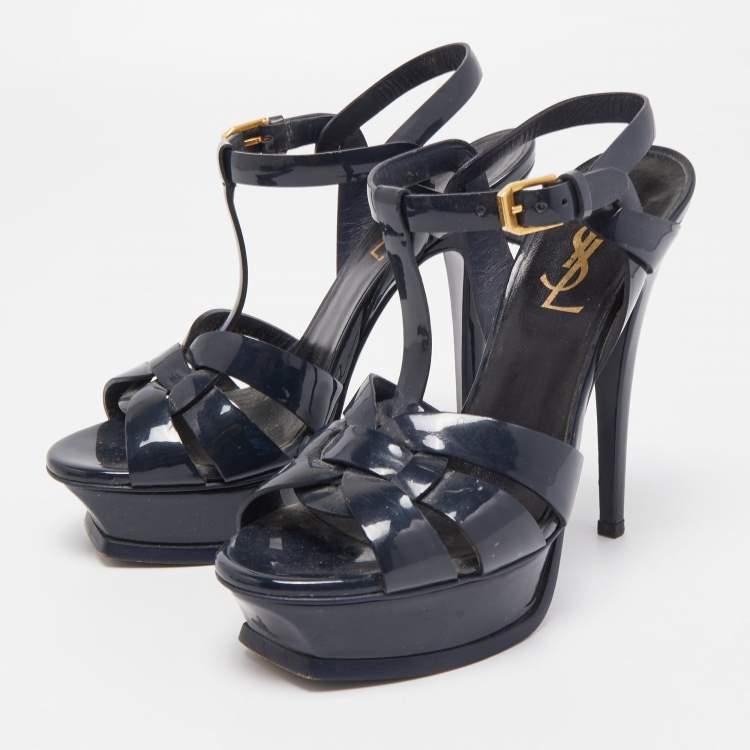 Pre Owned Saint Laurent Navy Blue Patent Leather Tribute Sandals Size 35