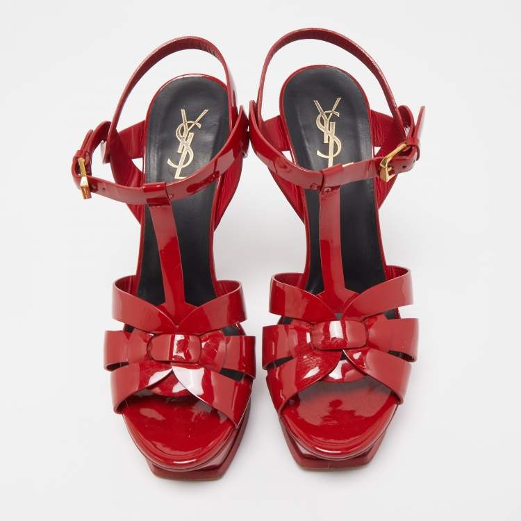 Pre Owned Saint Laurent Red Patent Leather Tribute Platform Ankle Strap Sandals Size 39