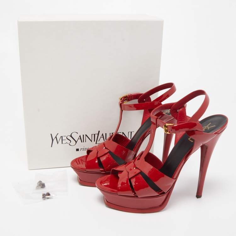 Pre Owned Saint Laurent Red Patent Leather Tribute Platform Ankle Strap Sandals Size 39