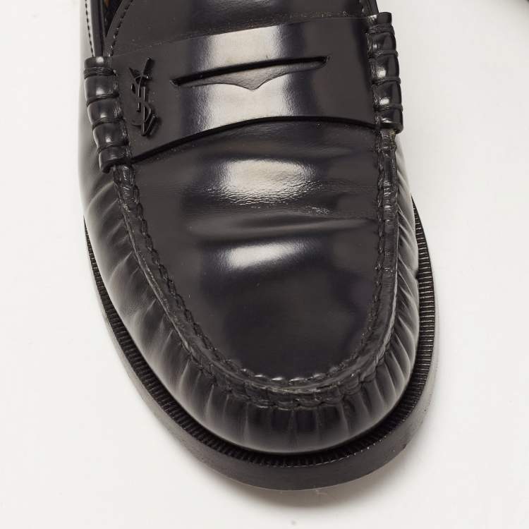 Pre Owned Saint Laurent Black Leather Penny Slip On Loafers Size 38.5
