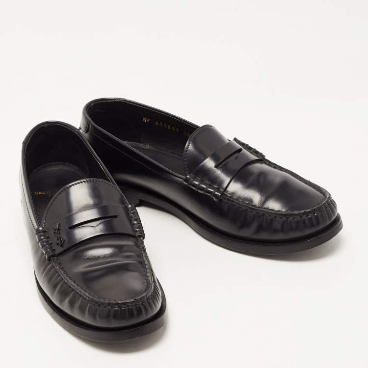 Pre Owned Saint Laurent Black Leather Penny Slip On Loafers Size 38.5