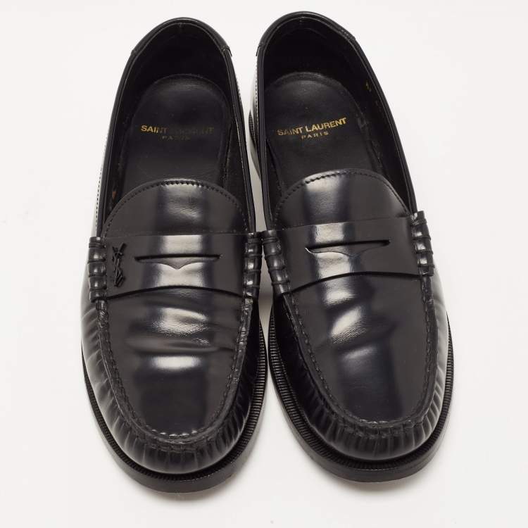 Pre Owned Saint Laurent Black Leather Penny Slip On Loafers Size 38.5