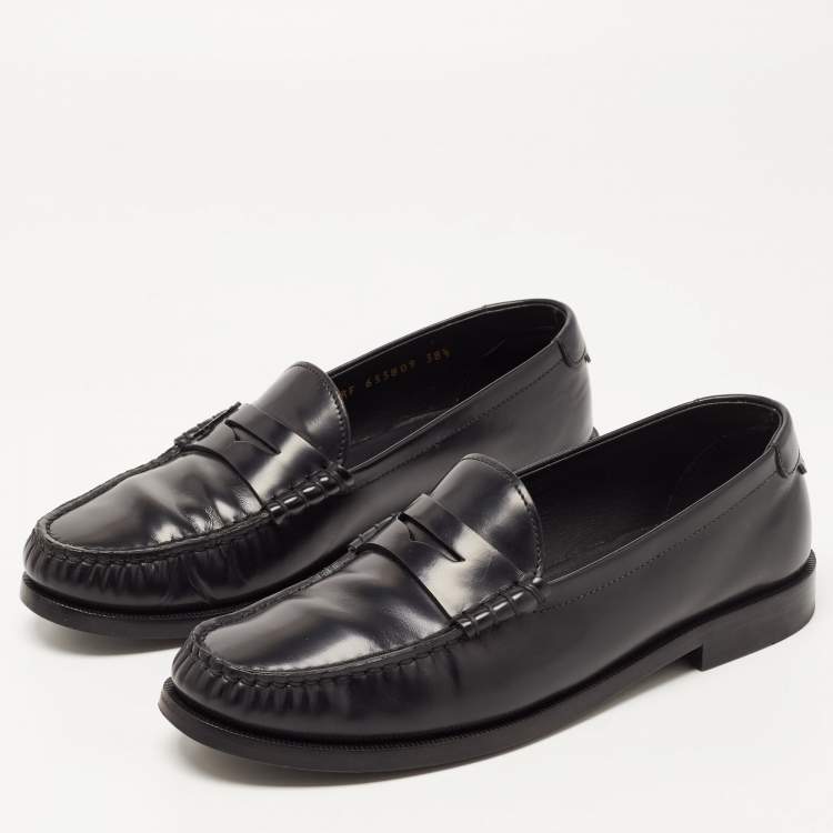 Pre Owned Saint Laurent Black Leather Penny Slip On Loafers Size 38.5