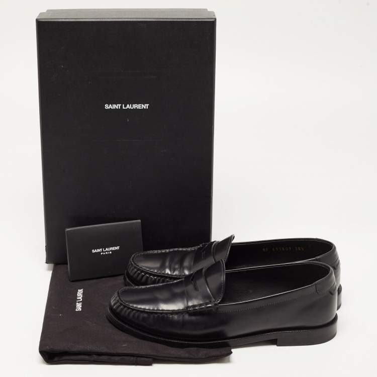 Pre Owned Saint Laurent Black Leather Penny Slip On Loafers Size 38.5