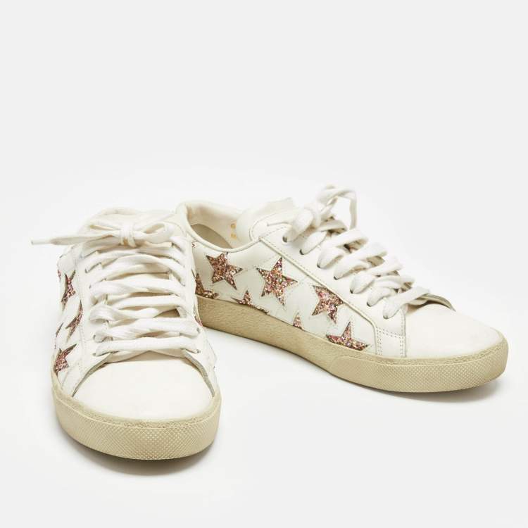Pre Owned Saint Laurent Paris White Glitter Leather Court Classic Lace Up Sneakers Size 38