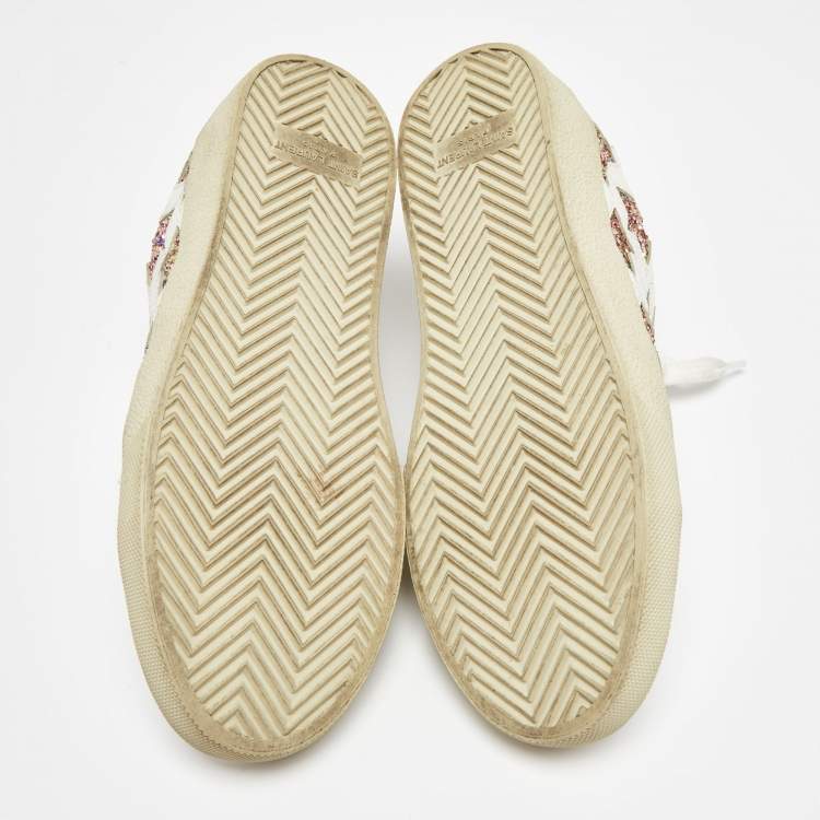 Pre Owned Saint Laurent Paris White Glitter Leather Court Classic Lace Up Sneakers Size 38
