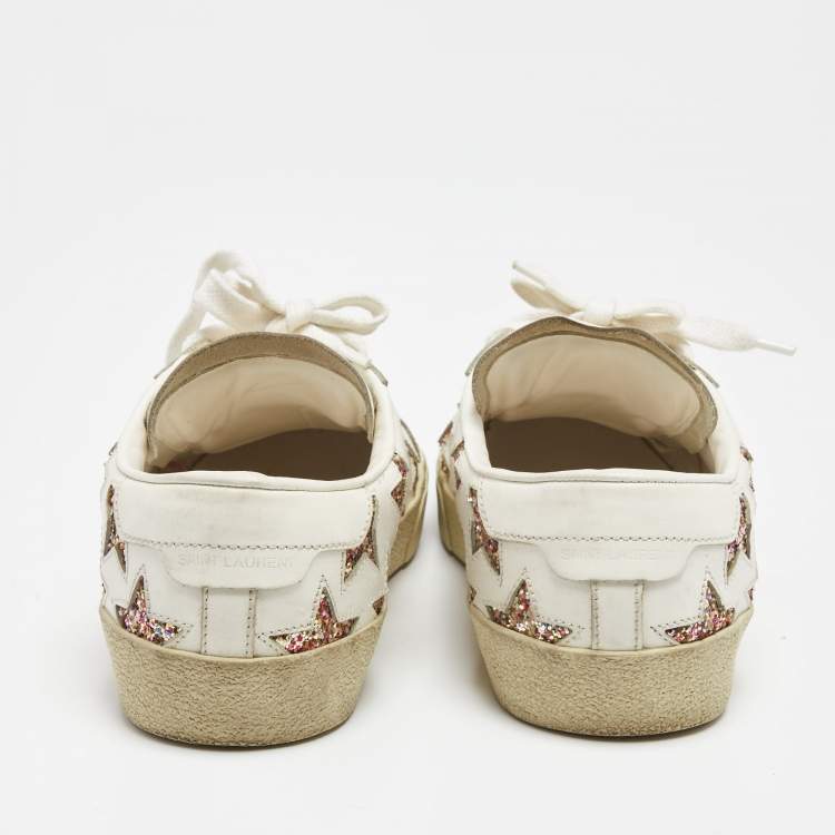 Pre Owned Saint Laurent Paris White Glitter Leather Court Classic Lace Up Sneakers Size 38