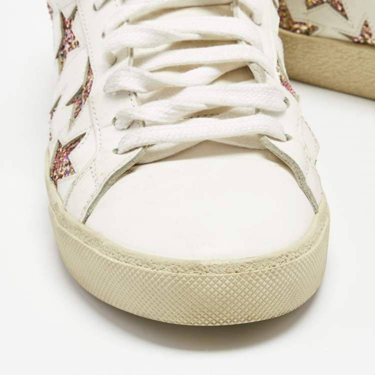 Pre Owned Saint Laurent Paris White Glitter Leather Court Classic Lace Up Sneakers Size 38