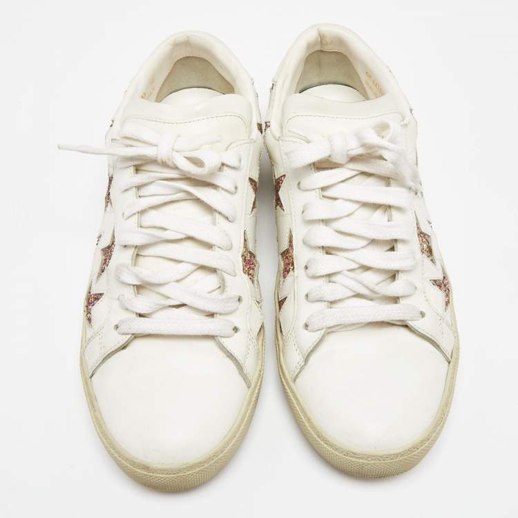 Pre Owned Saint Laurent Paris White Glitter Leather Court Classic Lace Up Sneakers Size 38