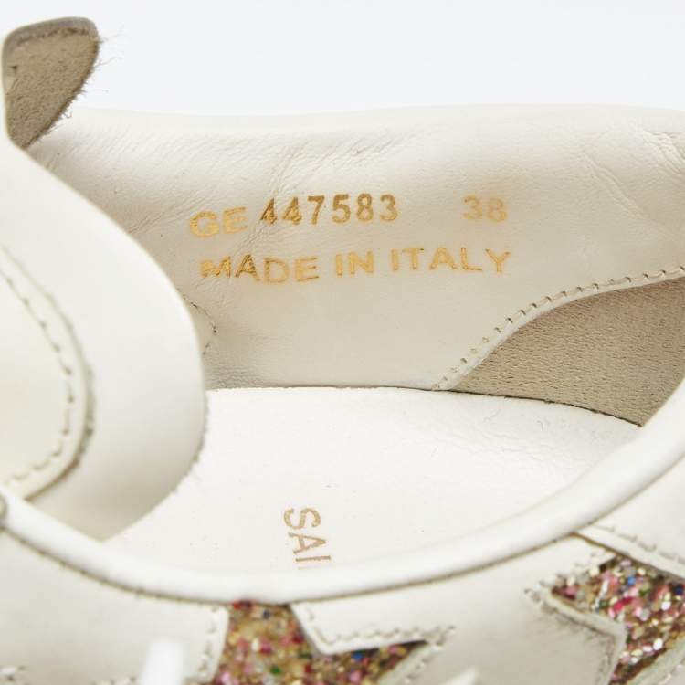 Pre Owned Saint Laurent Paris White Glitter Leather Court Classic Lace Up Sneakers Size 38