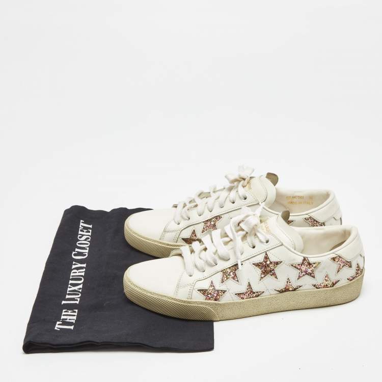 Pre Owned Saint Laurent Paris White Glitter Leather Court Classic Lace Up Sneakers Size 38