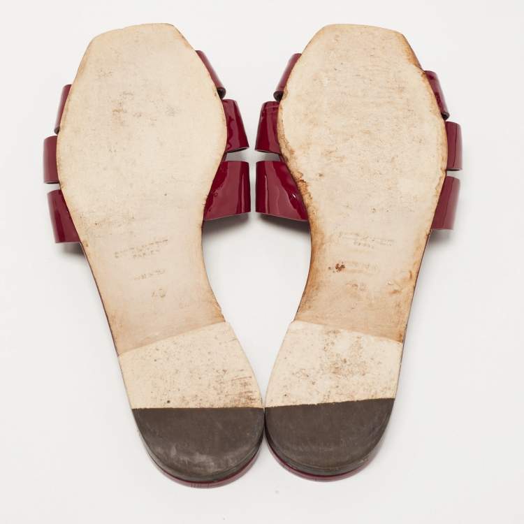 Pre Owned Saint Laurent Burgundy Patent Leather Tribute Flat Slides Size 40