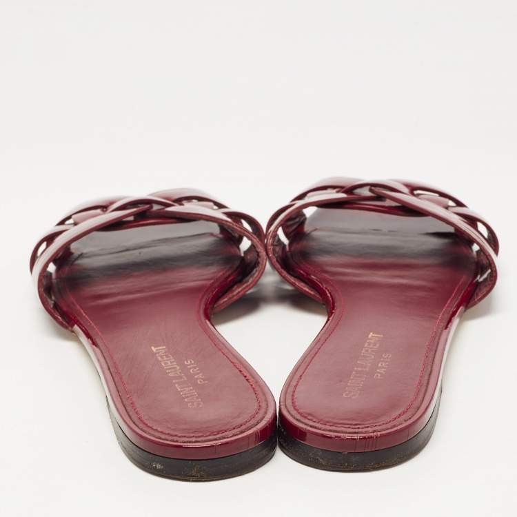 Pre Owned Saint Laurent Burgundy Patent Leather Tribute Flat Slides Size 40