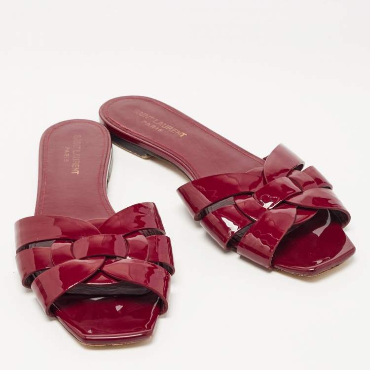 Pre Owned Saint Laurent Burgundy Patent Leather Tribute Flat Slides Size 40