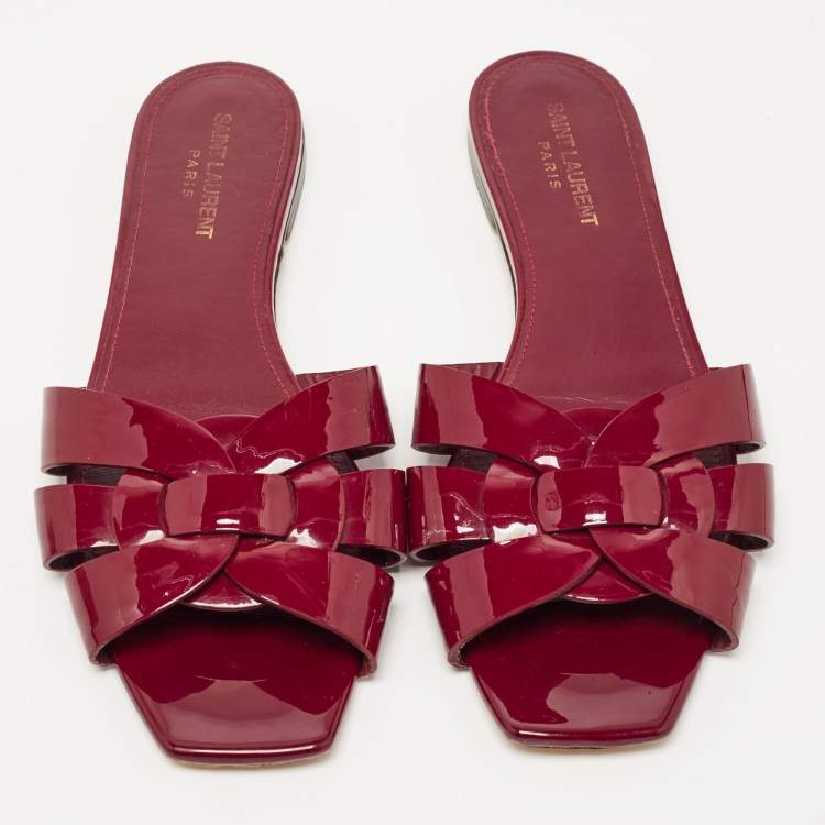 Pre Owned Saint Laurent Burgundy Patent Leather Tribute Flat Slides Size 40