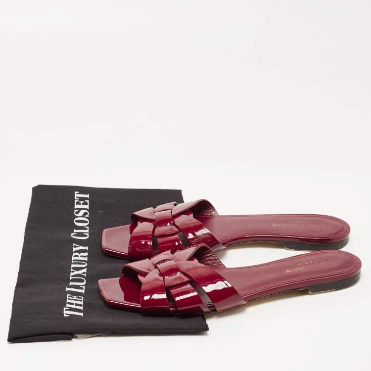 Pre Owned Saint Laurent Burgundy Patent Leather Tribute Flat Slides Size 40