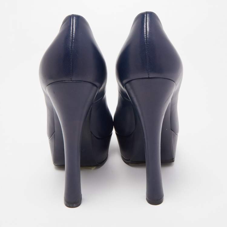 Pre Owned Saint Laurent Navy Blue Leather Peep Toe Pumps Size 38