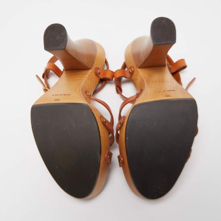 Pre Owned Saint Laurent Brown Leather Platform T strap Sandals Size 39